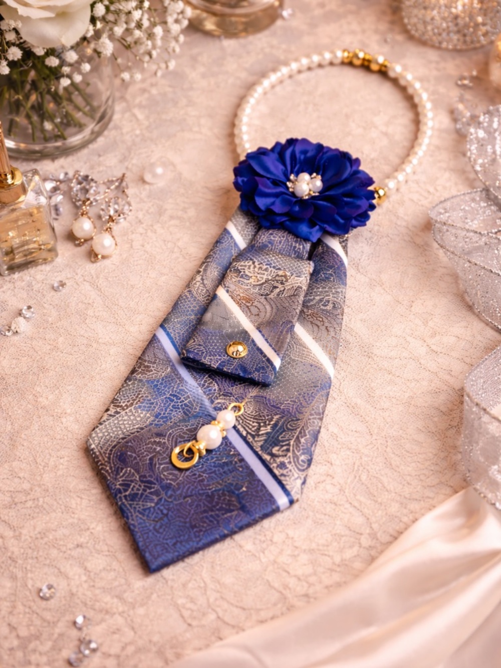 Elegant Blue Floral Pearl Necklace Scarf Pendant - Picture 2 of 3